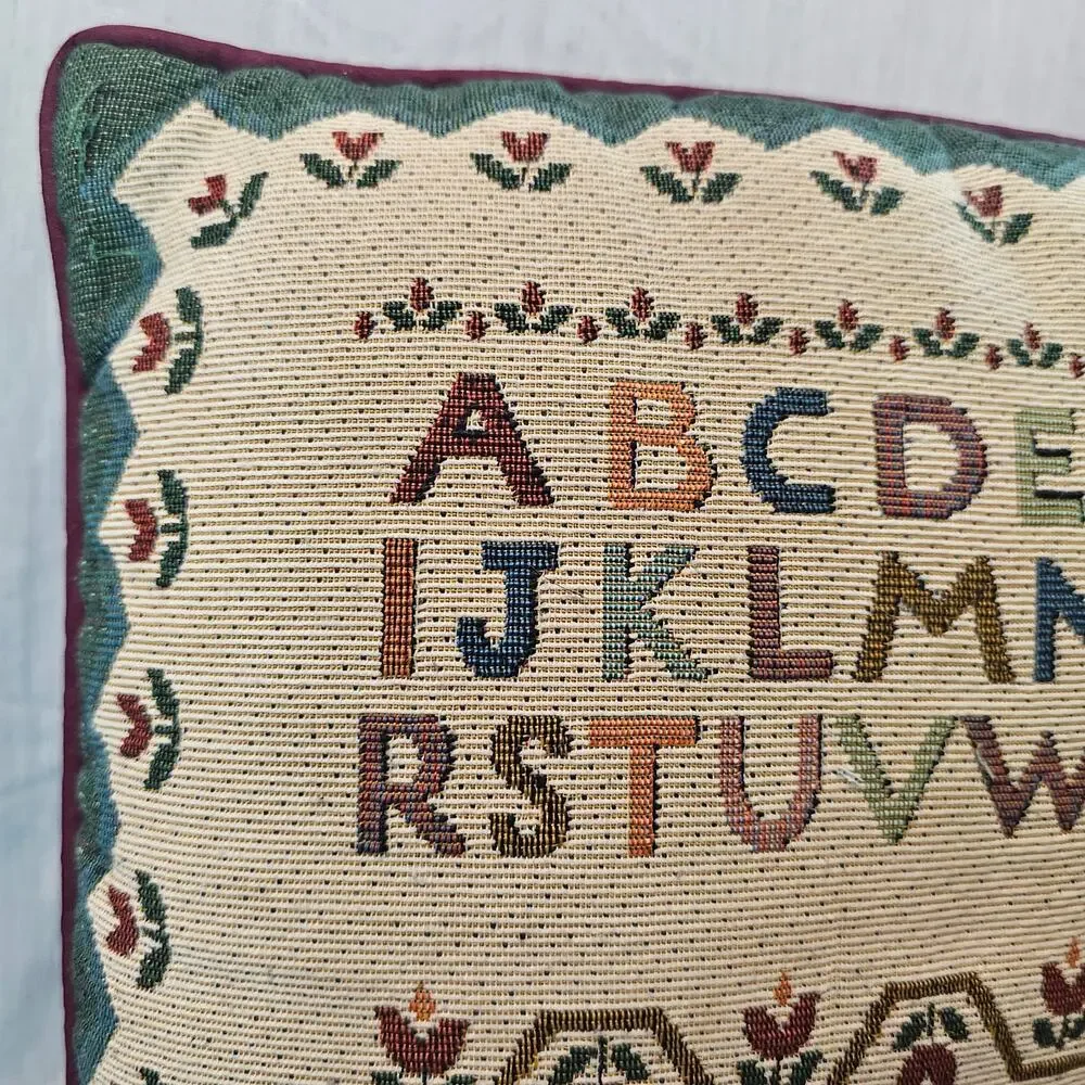 Vintage Alphabet Needlepoint Decorative Pillow Purple Home Cottage Country Decor